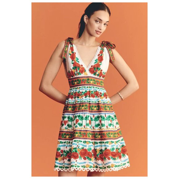 Farm Rio | 100% Cotton V-Neck Tiered Mini Dress | NWT - Picture 2 of 7